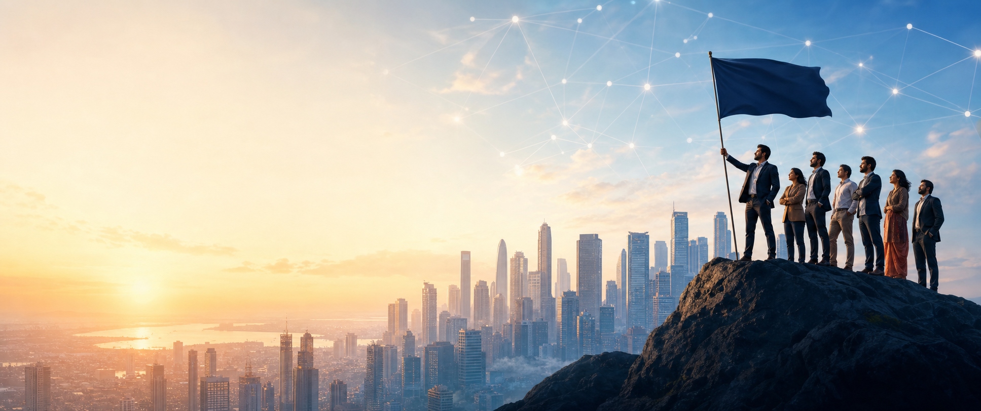Entrepreneurs overlooking a modern Indian city